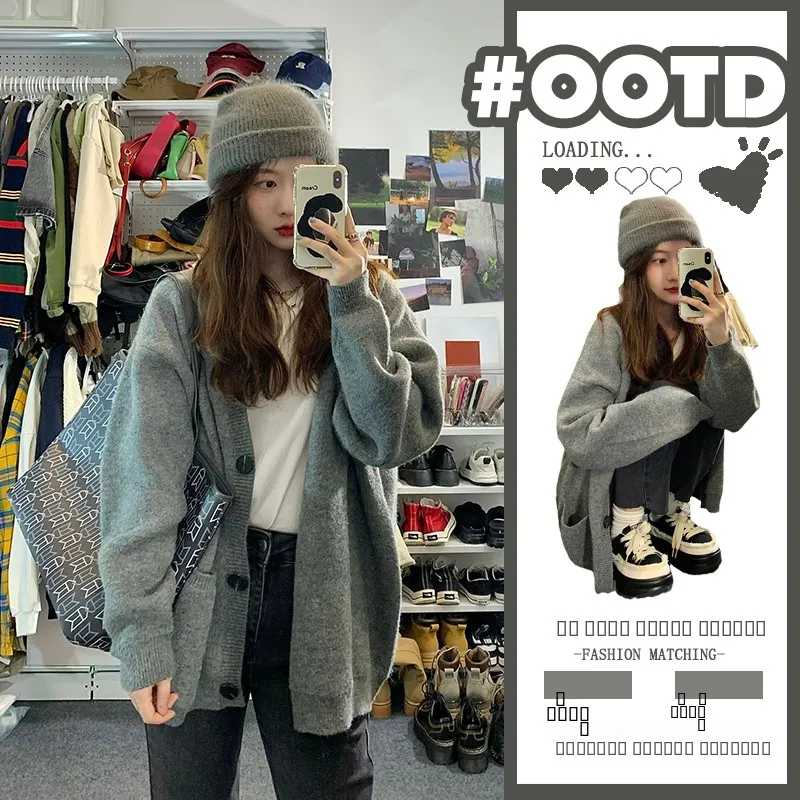 

Ранняя осень Lazy Sle женский вязаный свитер пальто Fraant Wind V-Ne Long Sve обычная длина с застежкой на одной пуговице из искусственной кожи...