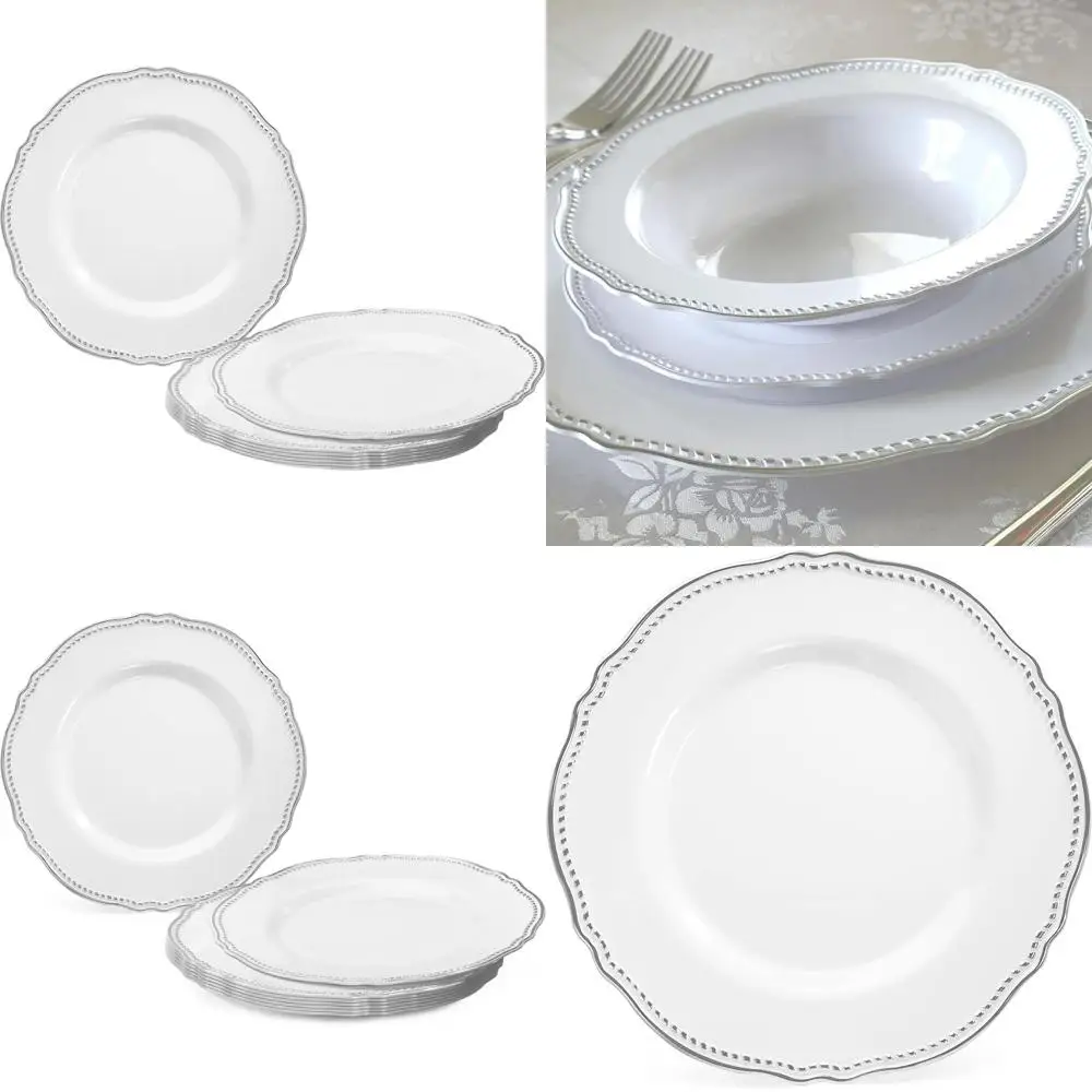

60-Piece Premium Heavyweight White & Silver Disposable Party Plates, 9 Luncheon Size for Weddings & Special Occasions