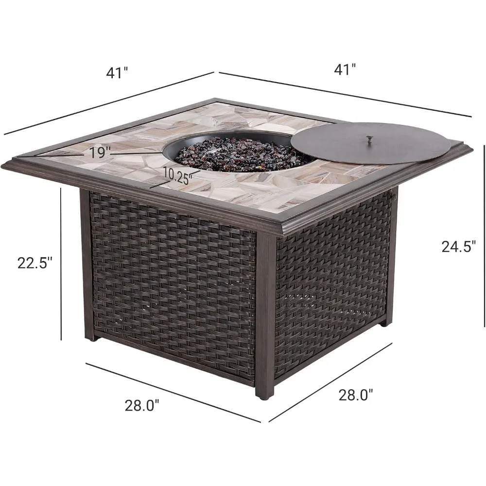 Propane Gas Fire Pit Table Wicker Base, Marble-Texture Ceramic Tile Top, Outdoor 41 Inch Square Propane Gas Fire Pit