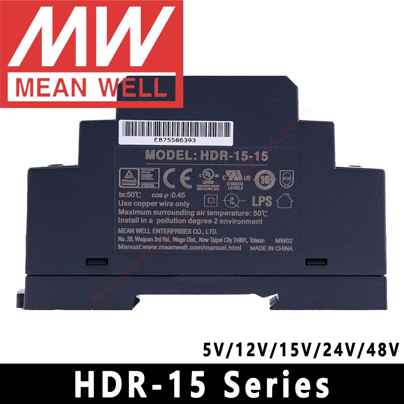 Mean Well DIN Rail LED Driver HDR-15 Series meanwell 5v/12v/15v/24v/48v LED Transformer LED Power Supply Adapter