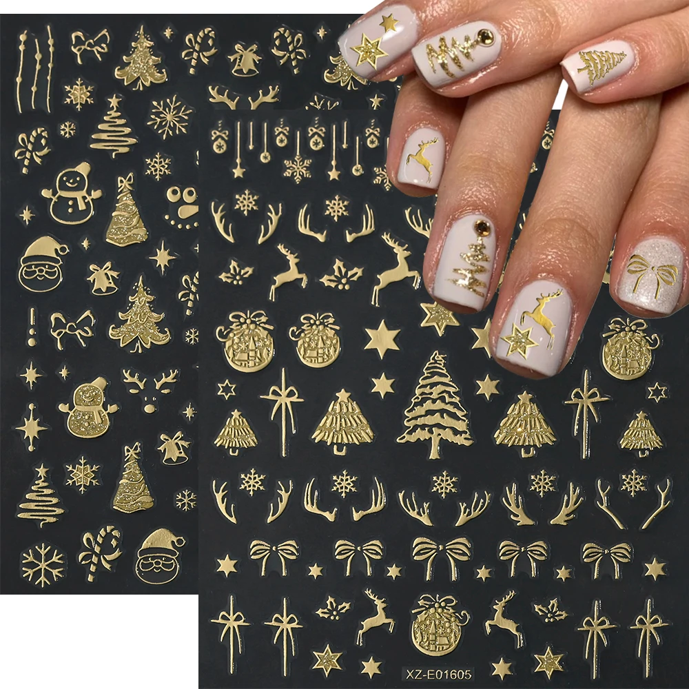 

2Pcs 3D Christmas Nail Art Sticker Gold Glitter Snowflakes Elk Reindeer Xmas Tree Nail Decal Bow Star Snowflake Luxury Nail Deco