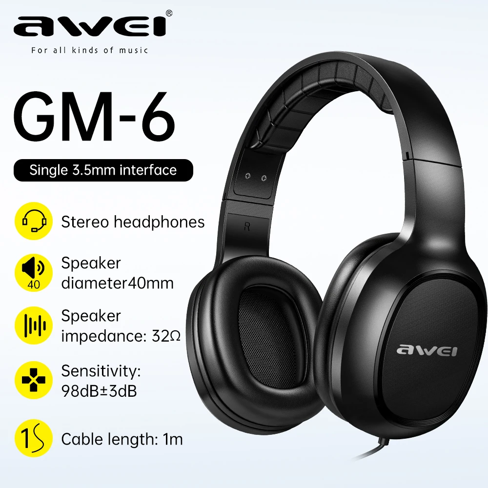 Awei GM-6 แบบมีสายหูฟังมืออาชีพพร้อมสายควบคุมเกมชุดหูฟังแบบมีสายพร้อมไมโครโฟนปลั๊ก 3.5 มม.AUX สําหรับ PC คอมพิวเตอร์แล็ปท็อป