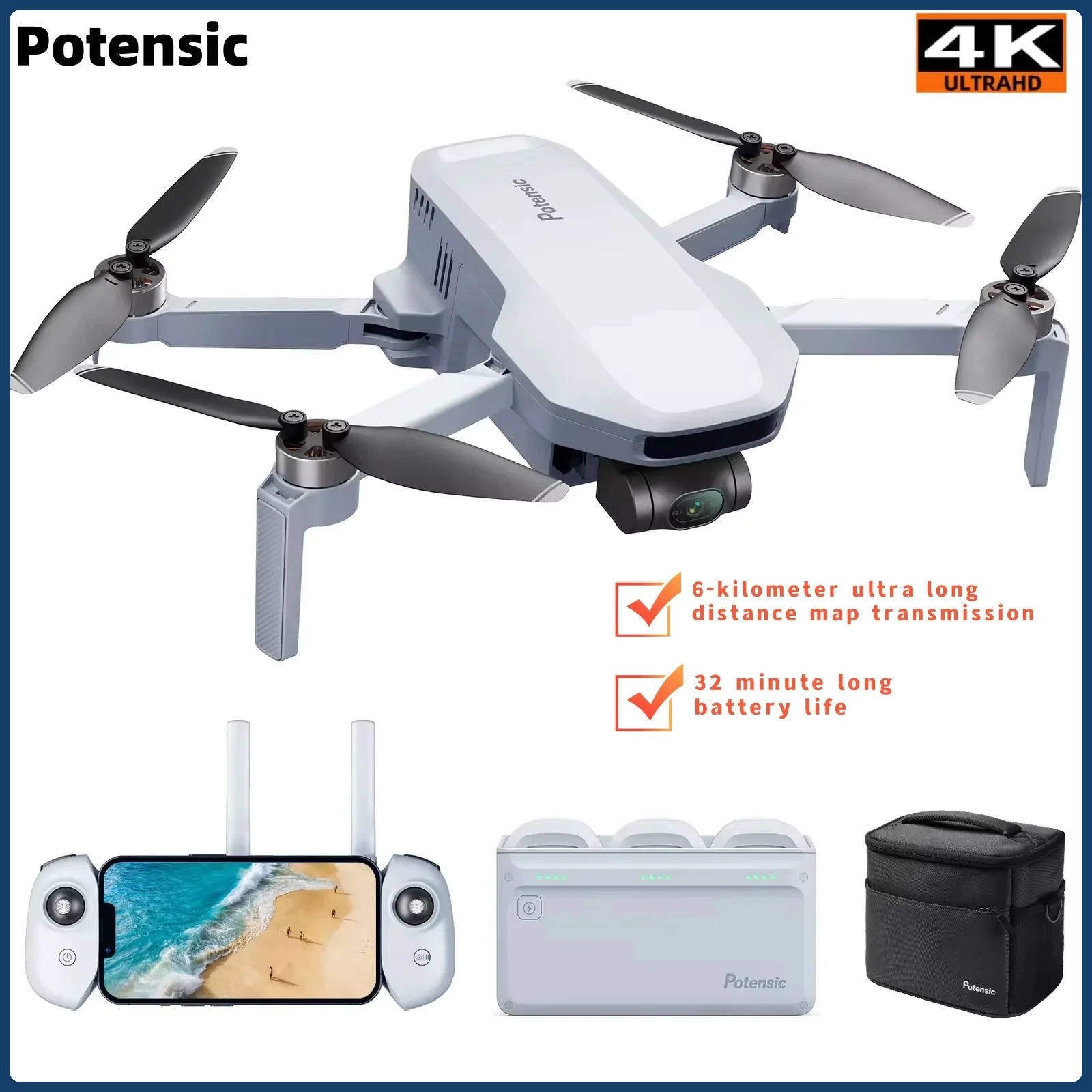 Potensic ATOM Mini Drone Professional 4K Camera Drones with 3 Axis Gimbal GPS 6KM Brushless RC Quadcopter for Travel Toys Gifts