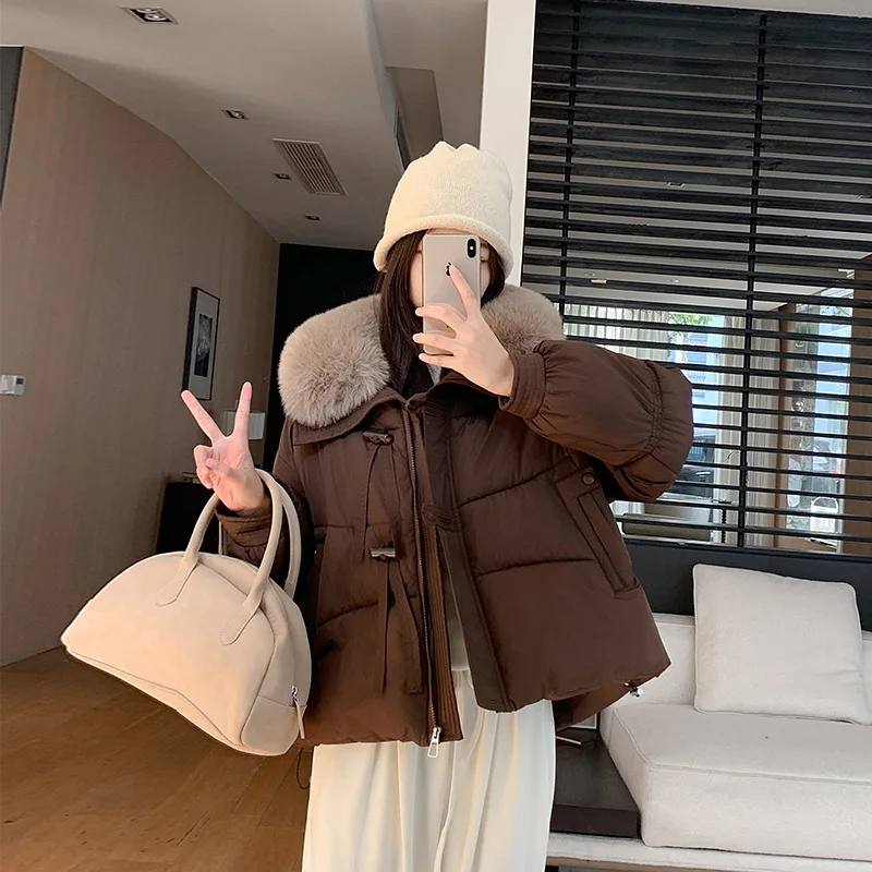 Nueva Chaqueta corta de algodón de invierno para mujer, Chaqueta de algodón holgada coreana, abrigo de algodón grueso con cola de piel grande, Parkas para mujer, prendas de vestir exteriores