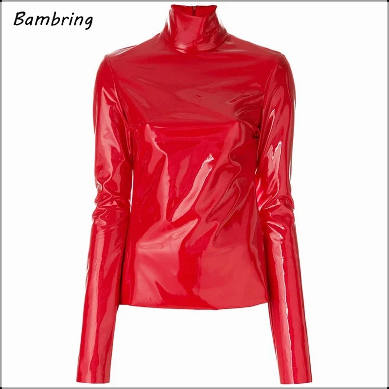 Women Long Sleeve Turtleneck Pullovers Black Red Leather T-shirts Tops Fashion Slim PU Patent Faux Leather Clothing Custom 2021