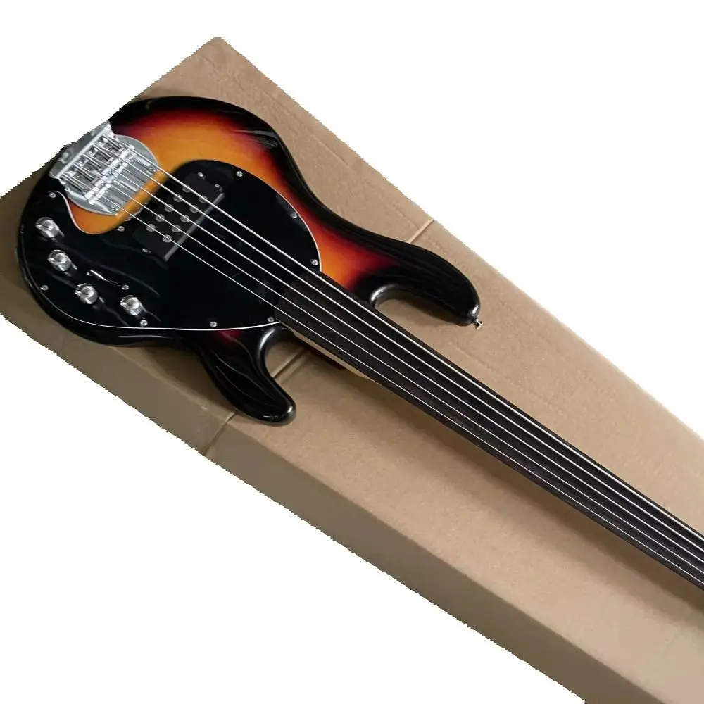 5 strings sunset bass guitar, fretless bass, fixed bridge, solid wood body maple neck, H pickups, active circuit