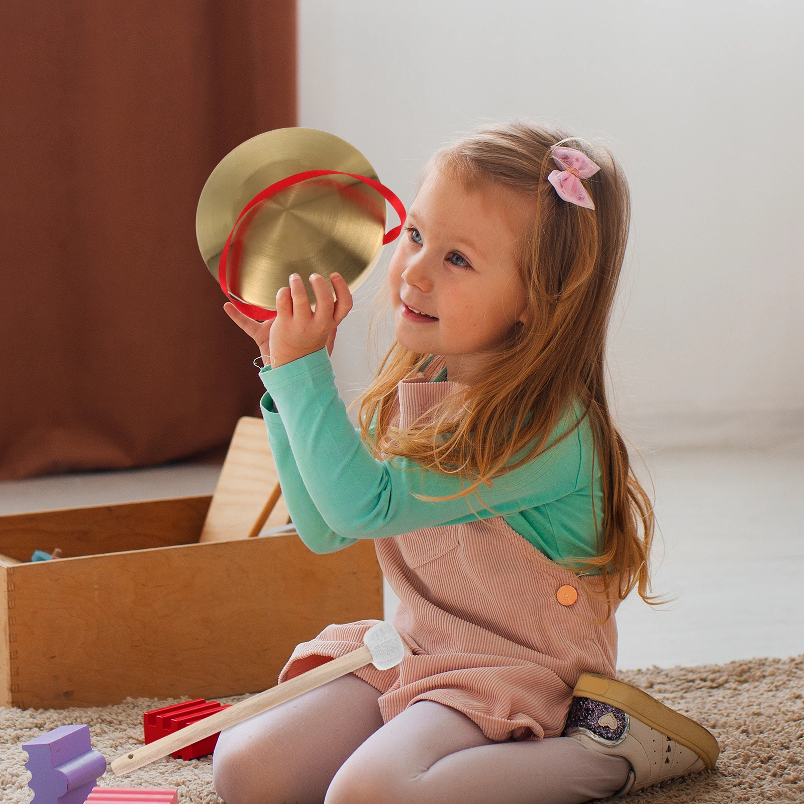 

1set 15cm Mini Gong Copper Alloy Handheld Percussion Instrument Kids Decorative Drum Set Oriental Cymbals Brass Toys