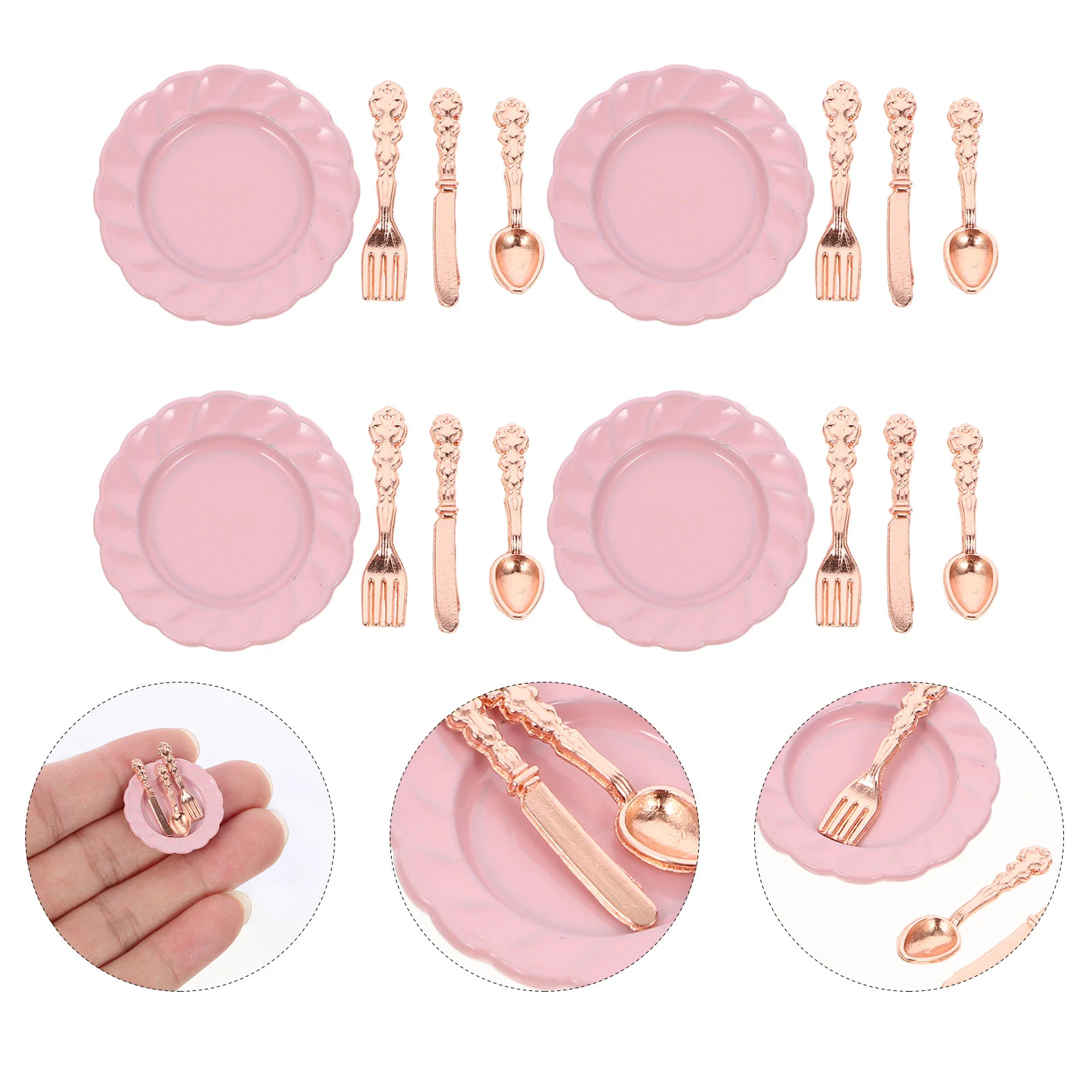 

4 Sets Mini Cutlery Dollhouse Plate Tableware Artificial Dish Spoon Model Fork Alloy