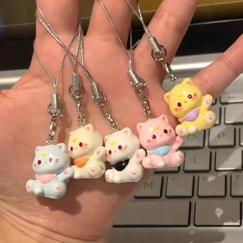 Set Cute Cartoon Small Cat Phone Chain Keyrings Mini Resin Cats Keyring Bag Pendant Couple Keychain Gifts Fashion Jewelry