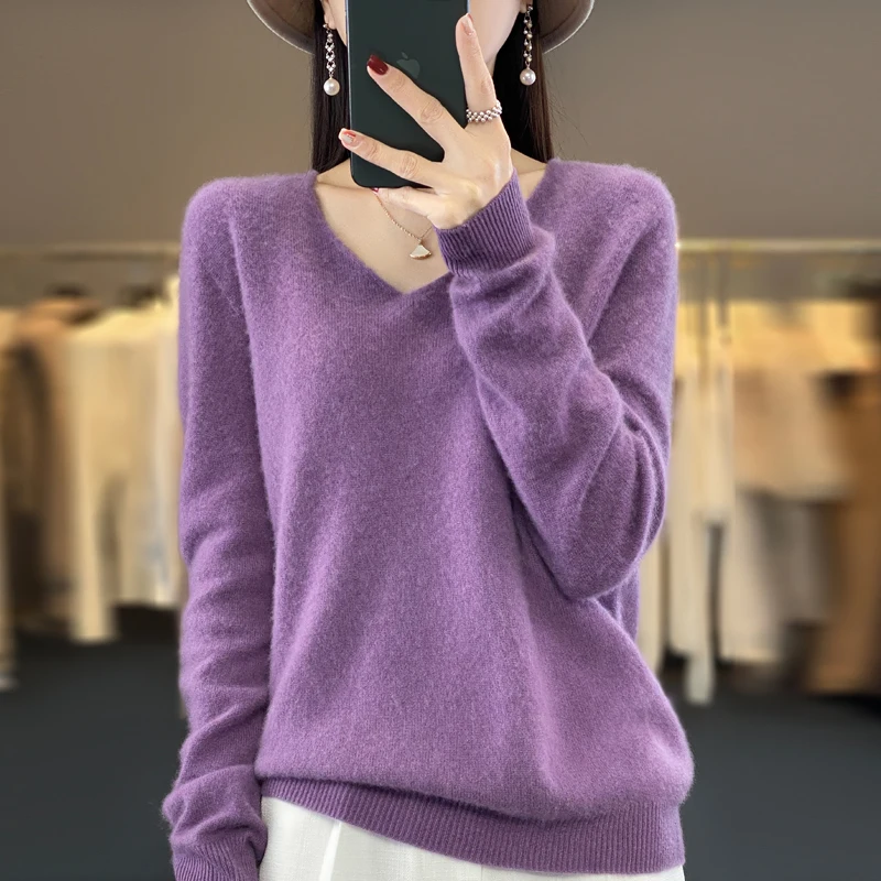 2024 100% Merino Pure Wool V-neck Autumn And Winter Pullover Sweater New Cashmere Sweater Women\'s Casual Knitted Top DMR201