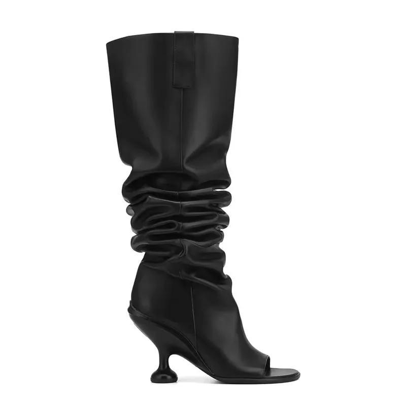 

Europe America Women Peep Toe Round Toe Boots for Woman's Strange Heels Pleated Knee High Long Botas Mujer Party Long Shoes