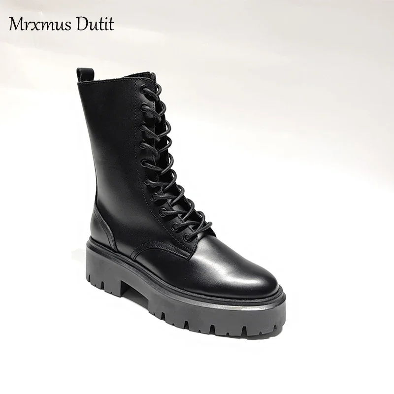 Mrxmus Dutit 2024 Winter Fashion New Women Genuine Leather Lacing Flat Short Boots Round Head Simple Casual Short Female Chic