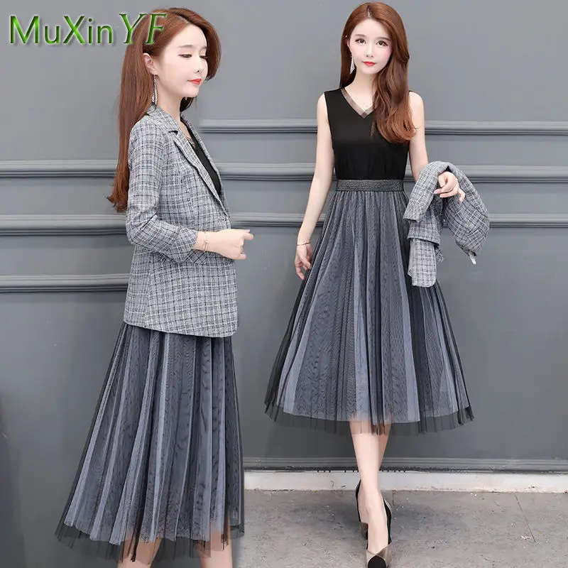 2022 Spring Autumn New Plaid Blazer Dress Two-piece Women\'s Fashion Business Wear Korean Elegant Casual Suit  Midi Skirt Set