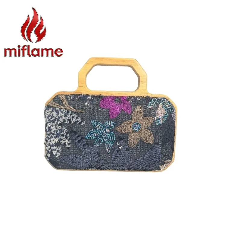 

Miflame Women's Handbag Straw Bag Embroidered Sequin Wooden Handle Summer Evening Clutch Crossbody Fashion Boho Purse