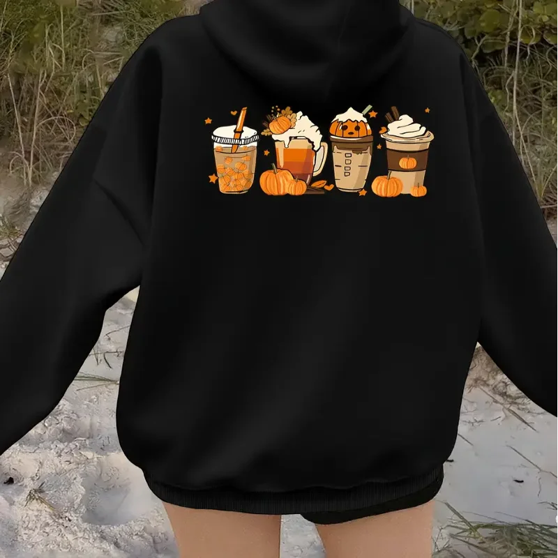 Halloween Hoodie Pumpkin Spice Latte Graphic Hooded Sweatshirt Cozy Long Sleeve Pullover Womens Autumn Winter Casual Streetwear