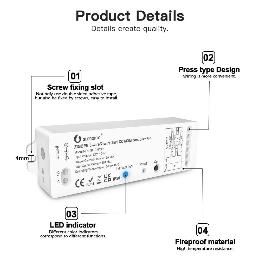 GLEDOPTO 2 Wires CCT/DIM 2in1 ZigBee 3.0 Smart LED Strip Light Controller Work with SmartThings Alexa App Voice Remote Control