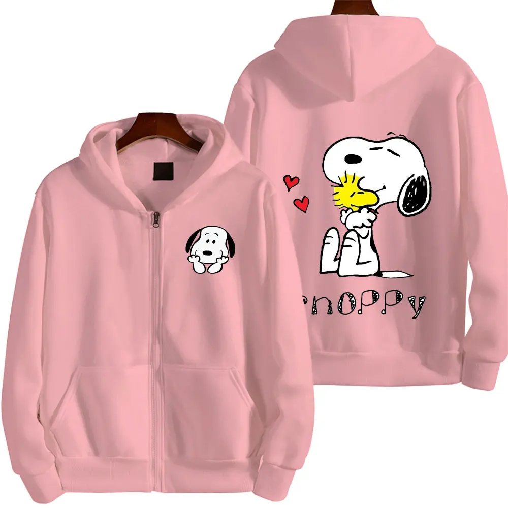 Snoopy Heart Pink Cartoon Anime Men Hoodie Spring Autumn Fashion Women Sweatshirt With Zipper 2024 New Couple Jacket Coat