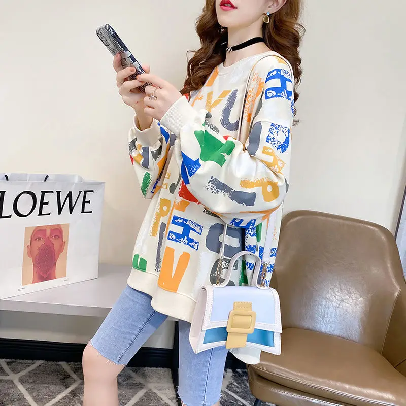 

Spring Autumn New Round Neck Long Sleeve Fashion Sweatshirts Women High Street Letter Printing Pullovers Elegant Cottontops Tops