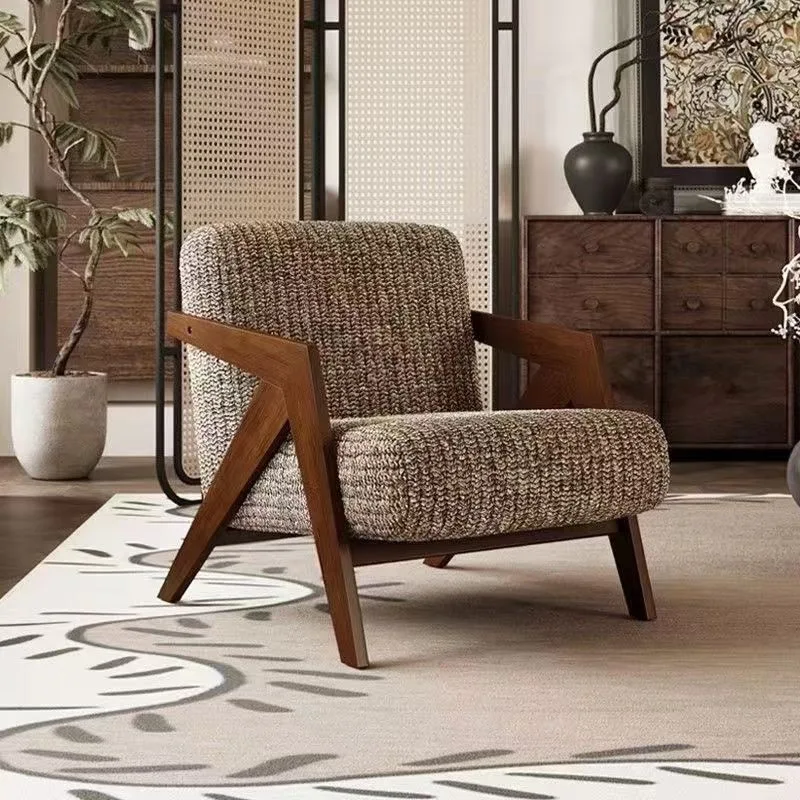 

French single sofa antique living room balcony leisure chair solid wood sofa walnut ins wind