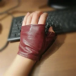 Real Leather Fingerless Short Gloves Women Black Red Genuine Sheepskin Sports Half Finger