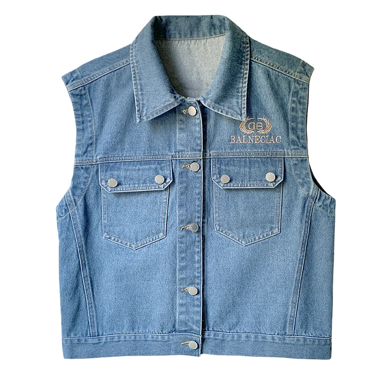 Faionable Casual Loose Denim Svel  Collar Vest with kets Embroidery Outerwear Women's Commute Sle Cotton Jaet