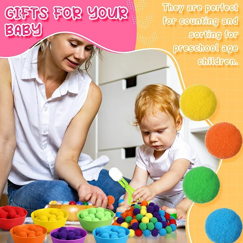 Children's counting and classification toy set, 60 plush balls, 6 rainbow colors, plastic bowl with 2 pliers, fine motor skills