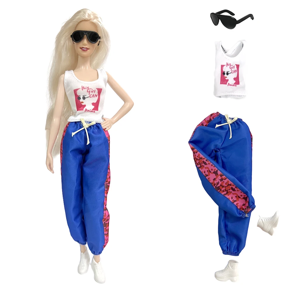 

1 Set Casual Wear Clothing 11.5 inch Doll Clothes Doll Shirt Blue Trouseres Shoes Sunglasses For 1/6 Girl's Dolls Accessories