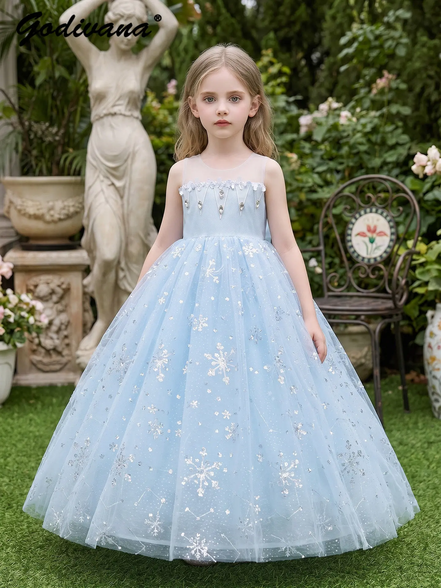 Sweet Baby Girls High End Heavy Princess Dress 2026 Summer New Kids Luxury Fairy Mesh Rhinestone Sequin Sleeveless Maxi Dresses