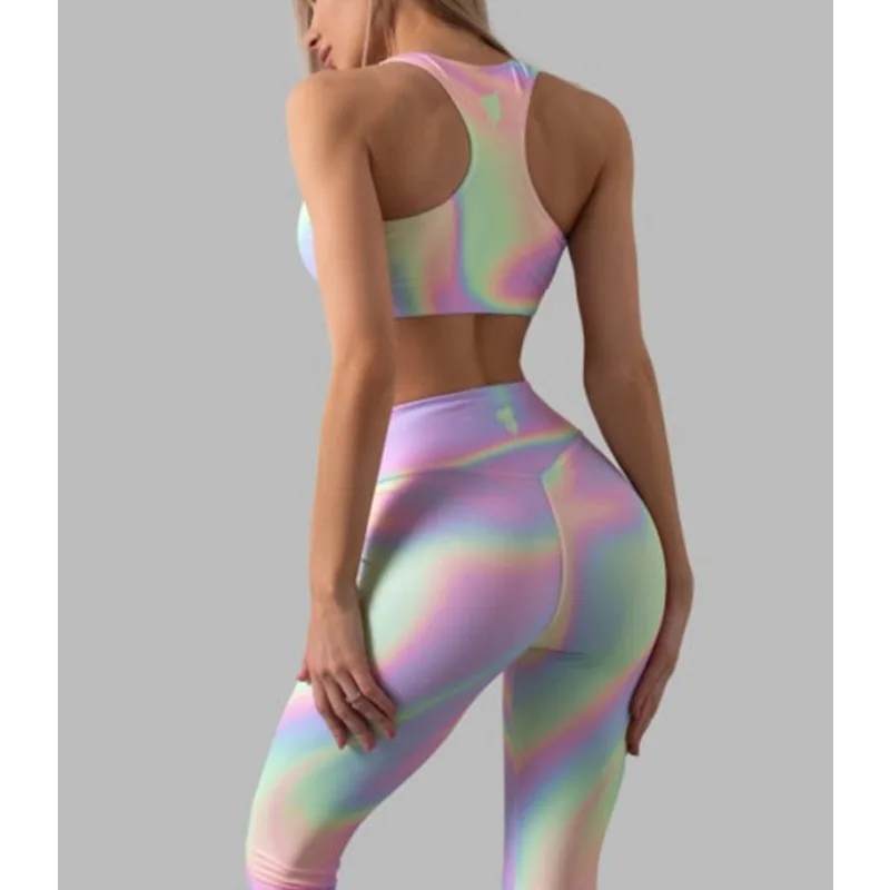 Krisnanas Rainbow Gradient Colors Pant Sets Yoga Suit Fitness Training Short Tank Tops Skinny High Elastic Long Trousers 88893