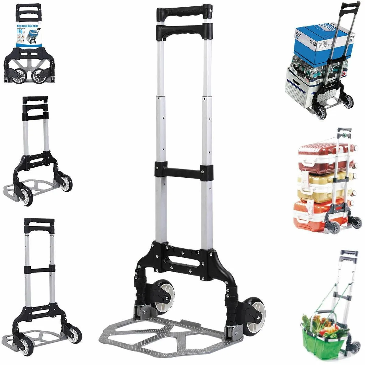 

Telescopic Aluminum Folding Anti-Skid Handle Portable Collapsible Cart for Travel Shopping Fishing Household Airport Office