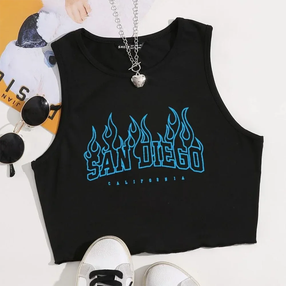 Black Tank Top Round Neck Sleeveless Y2k Printing Crop Top Short Sleeved Navel Exposed  Punk Crop Vintage Sexy Backless Tank Top