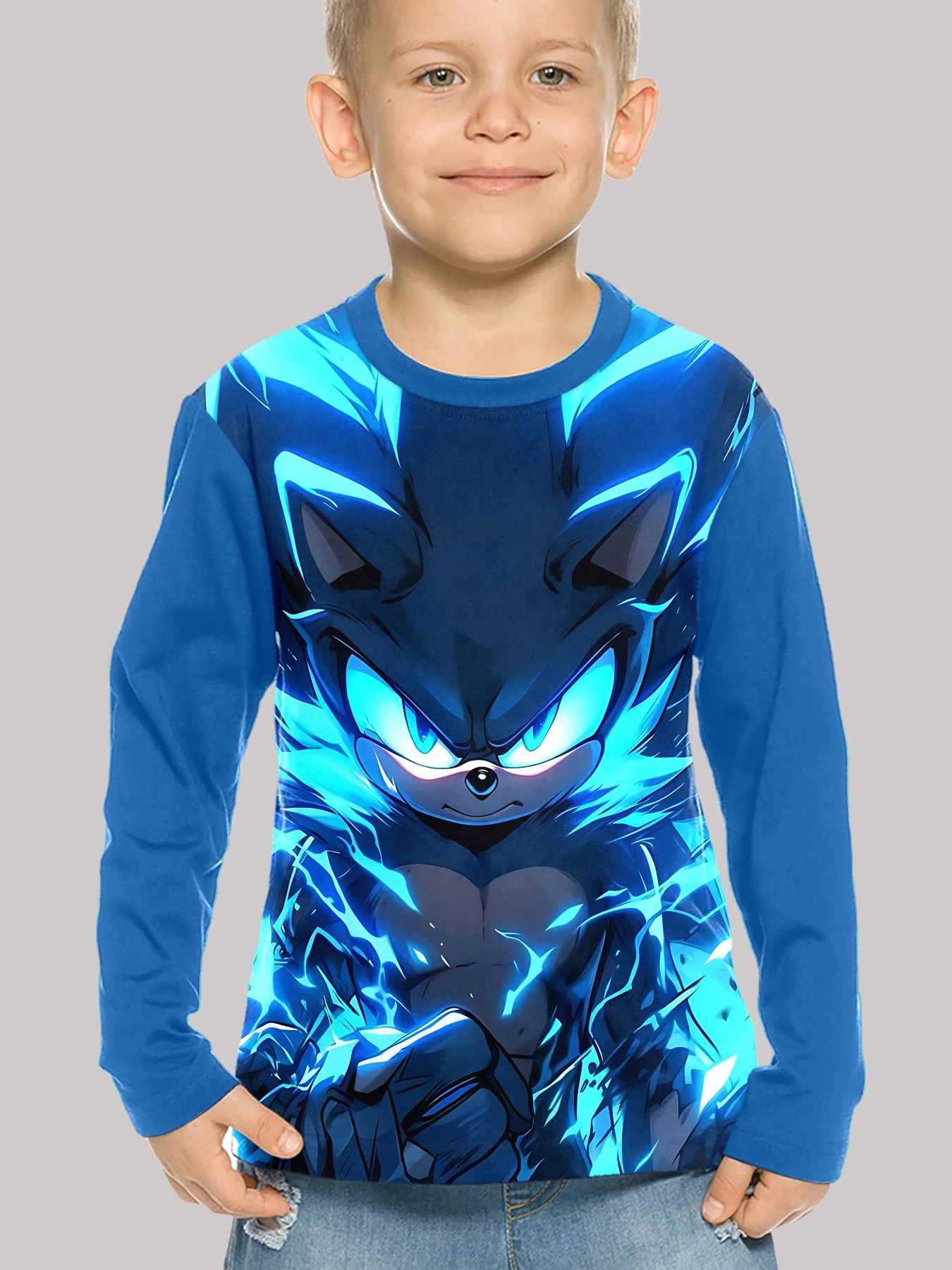 Blue Lightning 3D Print Children T-Shirt Long Sleeve Spring Fall Clothes Casual Round-S-S-SonicS-Neck Boys and Girls Tops