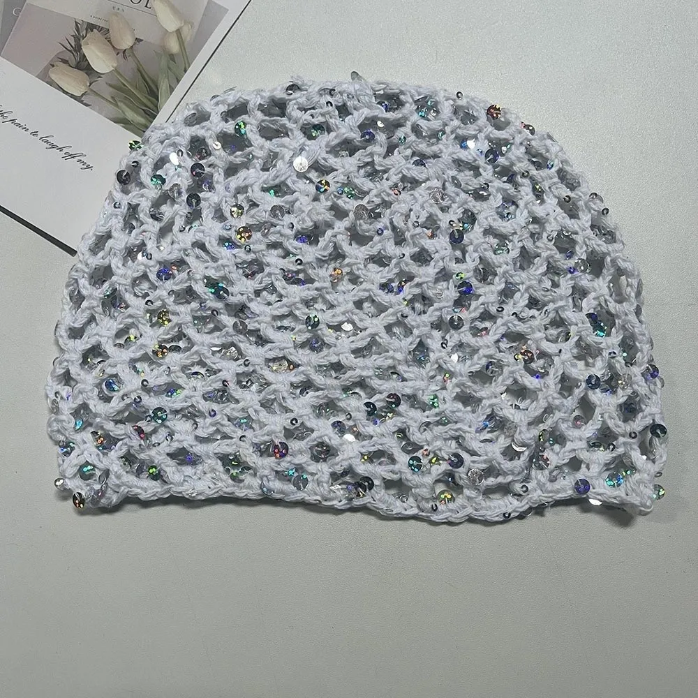 Hollow Knit Hollowed Out Beanie Hat Breathable Fringed Crochet Sequined Hat Korean Style Sequined Bohemian Style Beanies Women