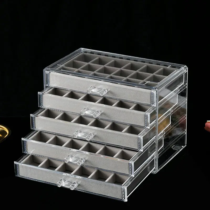 Nail accessories storage box, earrings, earrings, transparent multi-layer velvet cloth storage box, household multi grid drawer