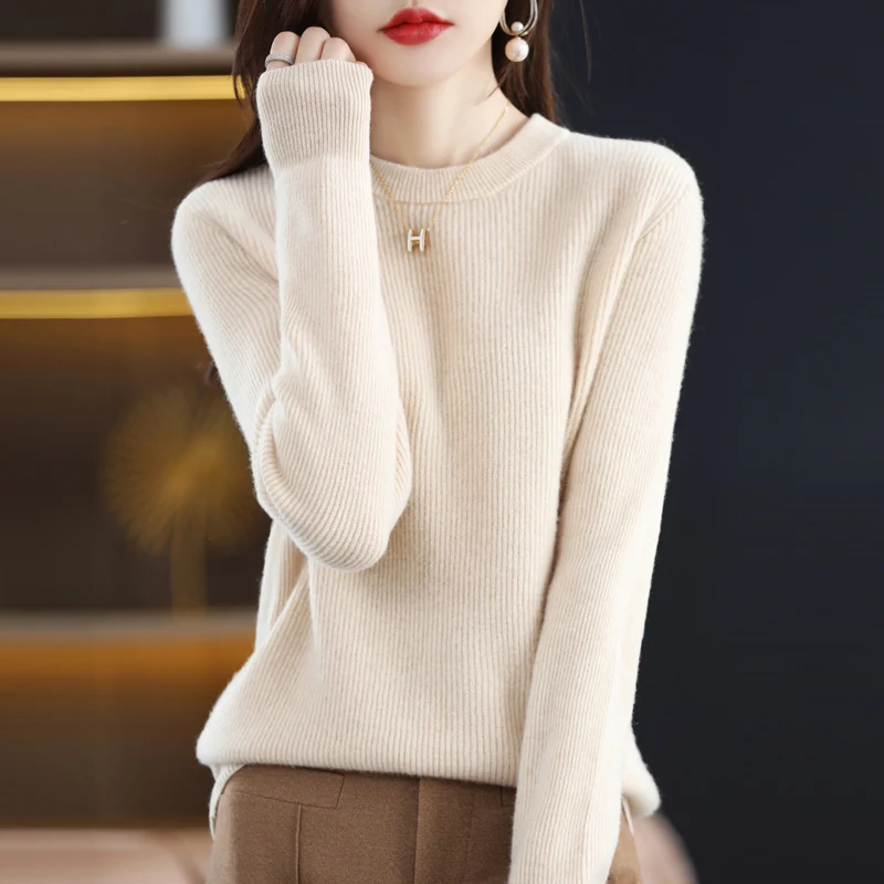 Autumn and winter 100% pure sweater ladies new round neck solid color vertical long sleeve fashion classic knitted pullover