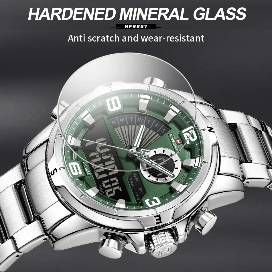 NAVIFORCE Multifunctional Double-Display Watch Date Gift Men's Stainless Steel Watchband LED luminous Mode 3ATM waterproof Watch