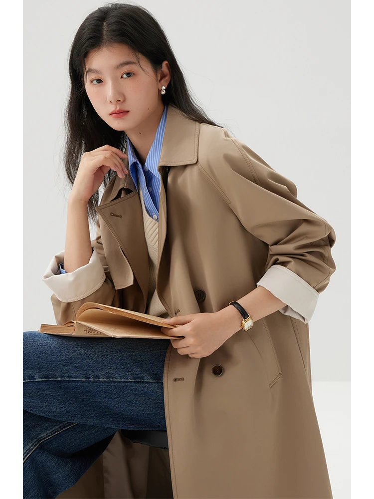 

ZIQIAO Classic Style Double-breasted British Mid-length Windbreaker for Women 2024 Spring New High-end Trench Coat Female