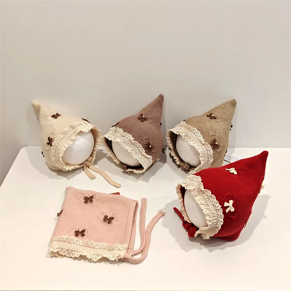 

New Winter Knitted Baby Hat with Bowknot Toddler Lace Brim Girls Ear Protection Hat for Kids Outdoor Warm Crochet Infant Hats