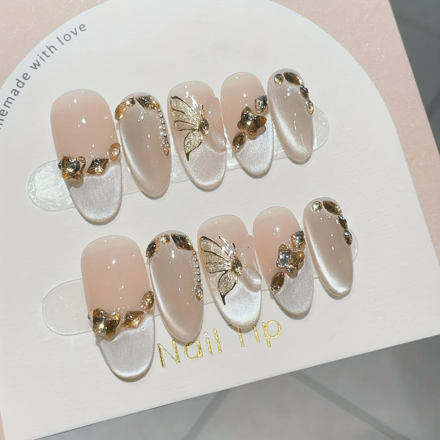 10 Stück hochwertige, leichte, luxuriöse französische silberne Katzenaugen-Schmetterlings-handgemachte künstliche Nägel, französischer Nagelflicken für Frauen