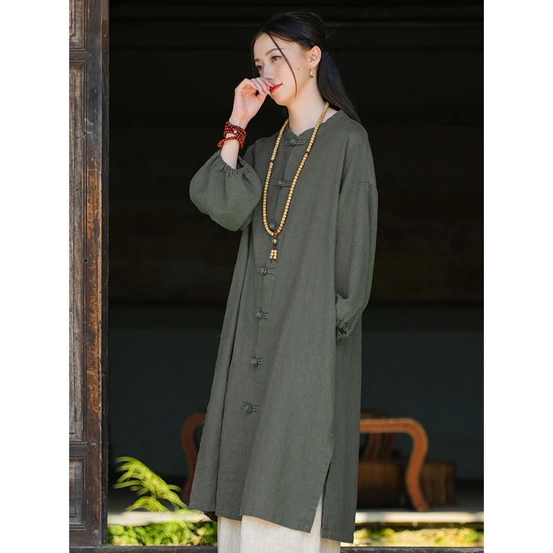 2025ใหม่มาถึงฤดูใบไม้ผลิฤดูใบไม้ร่วงผู้หญิงหลวมสบายๆวินเทจผ้าฝ้ายผ้าลินินยาวTrench O-คอเดี่ยวBreastedเสื้อเอวกว้างy103
