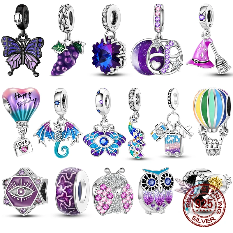 

925 Sterling Silver Fantasy Flying Dragon Mysterious Butterfly purple Charms Pendants Fit Pandora Original Bracelets DIY Jewelry