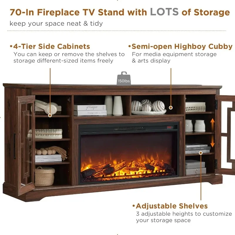 JXQTLINGMU Fireplace TV Stand with 36" Electric Fireplace for 75 80 Inch TV, Farmhouse 32" Tall Highboy Entertainment Center