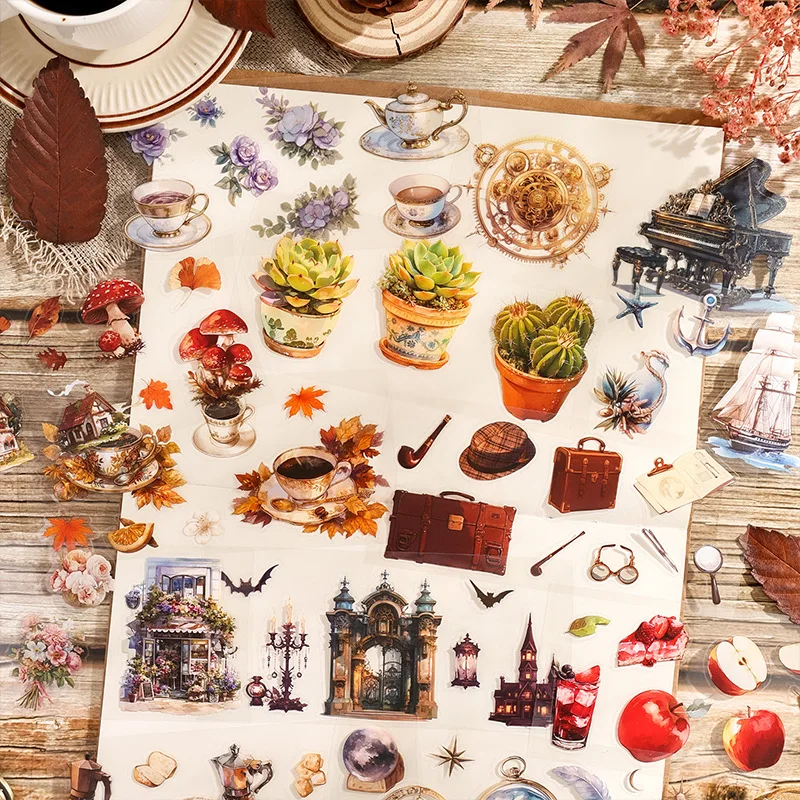 Time Notes Series Vintage Plant Flower Coffee Castle Landscape PET Sticker Creative DIY Journal Material Collage Stationery