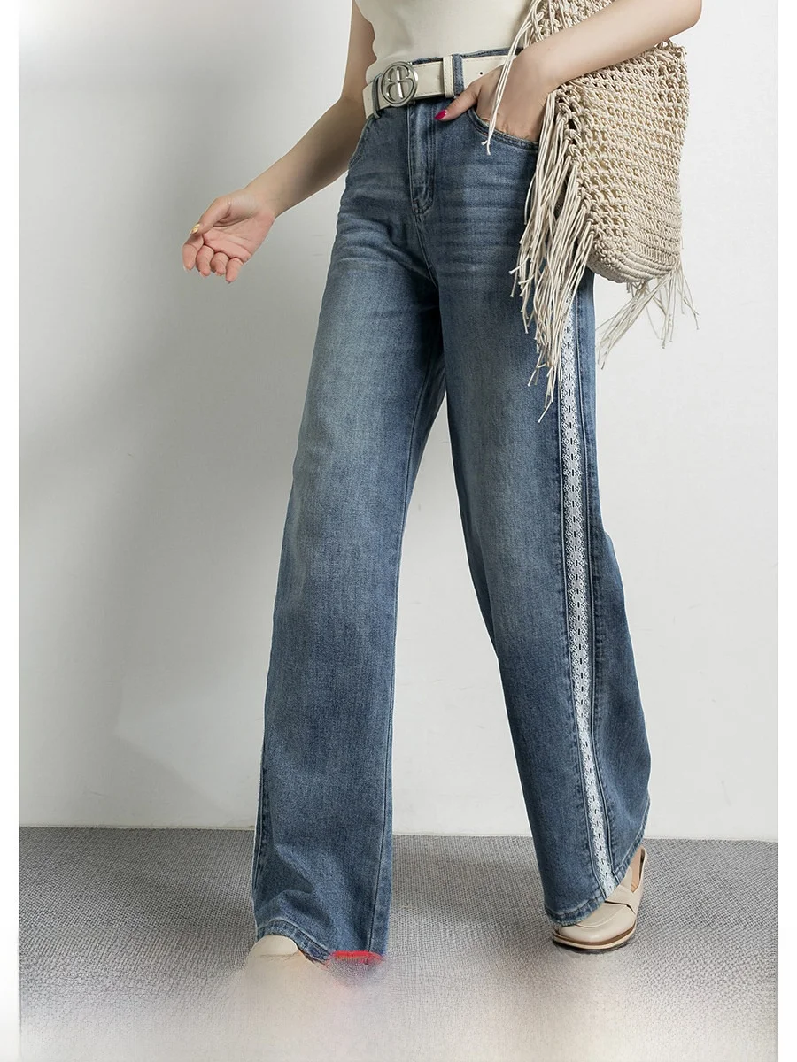 

Blue High Waist Wide Leg Jeans Women's Slim Fit Patchwork Lace Casual Style Spring Autumn Long Trousers
