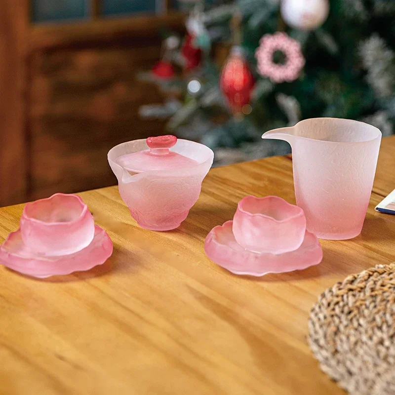 Teacups Pink Crystal Glass Tea Cups Set Chinese Style Exquisite Tea Tureen Sake Glass Girl Friends Birthday Presents Gifts
