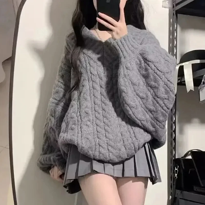 Pull tricoté surdimensionné pour femme, Harajuku, coréen, manches longues, col en V, Preppy, couleur unie, ample, automne hiver