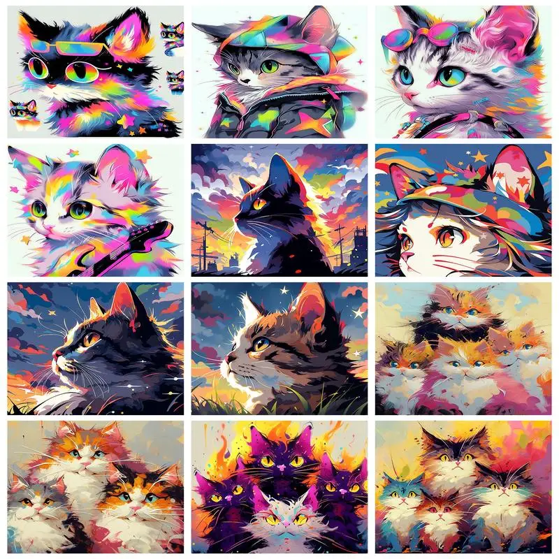 

RUOPOTY Painting By Numbers For Adults Kits Cool Cat Colorful Speckle Abstract Painting For Home Decor