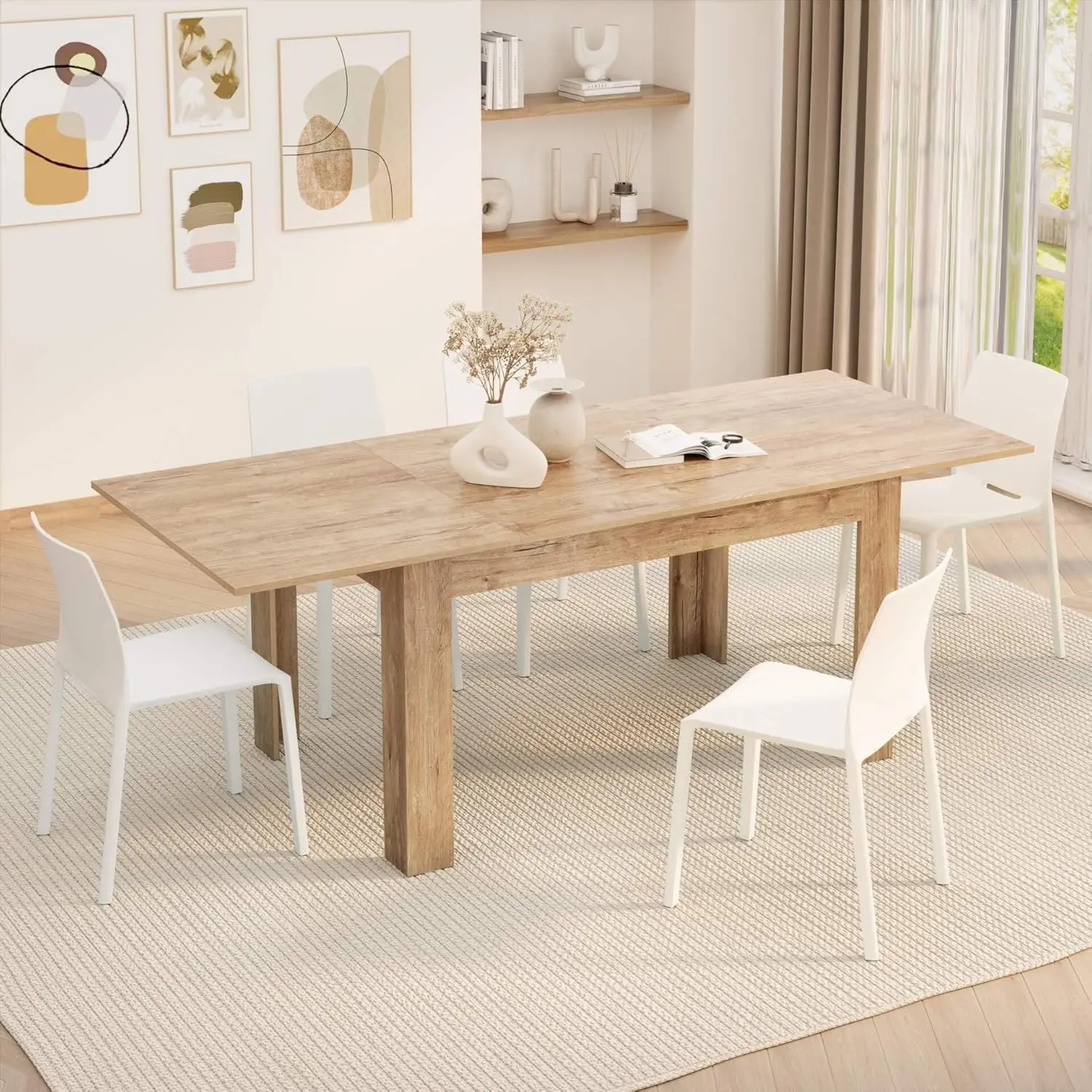 Easy, Extendable Dining Table, 55,1(86,6) x35,4 in, Oak, for 6-8 People, Expandable Dining Table for Kitchen