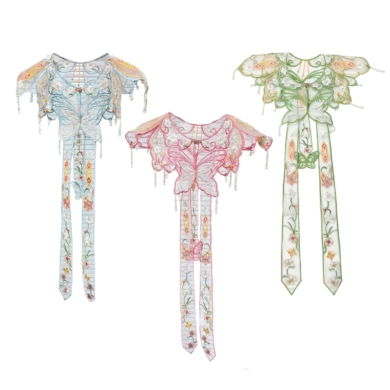 

Oriental Shawl Floral Studded Collar Distinctive Aesthetic Pearls Butterfly