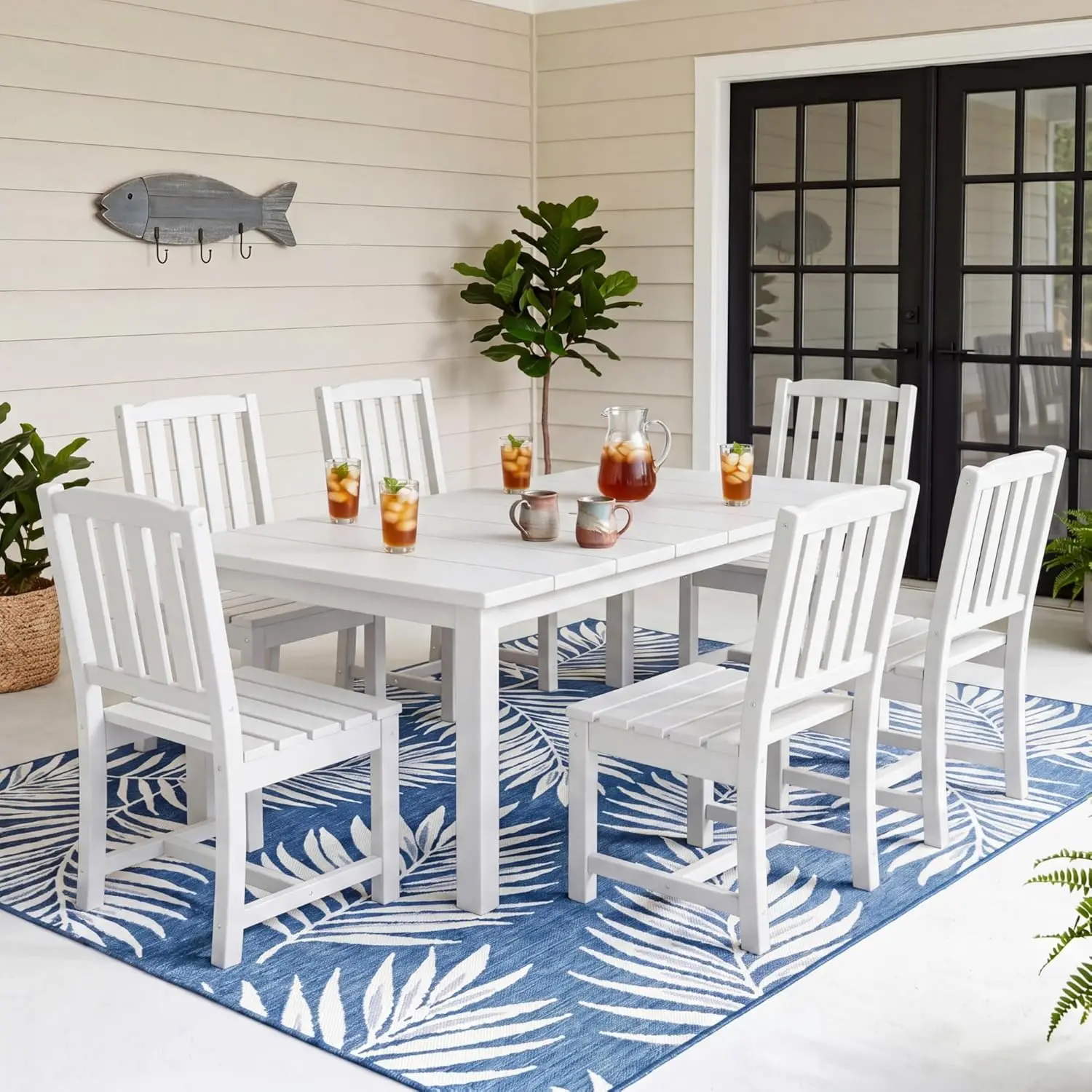 

7pc HDPE Outdoor Dining Set Table 6 Chairs Umbrella Hole UV Deck Backyard Poolside White Customized